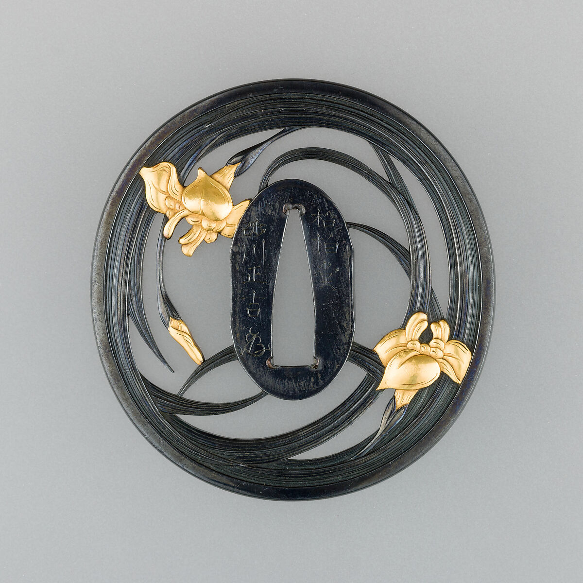 Pair of Sword Guards (Tsuba), Inscribed on the inner face of each tsuba by Sunagawa Mao-Yoshi (Japanese, active early–mid-19th century), Copper-gold alloy (shakudō), gold, copper, Japanese 