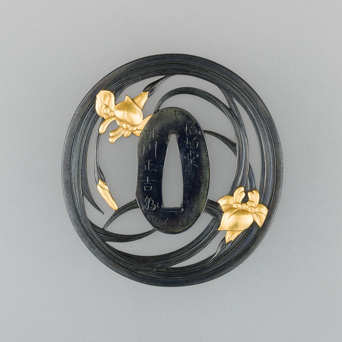 Pair of Sword Guards (Tsuba), Inscribed on the inner face of each tsuba by Sunagawa Mao-Yoshi (Japanese, active early–mid-19th century), Copper-gold alloy (shakudō), gold, copper, Japanese