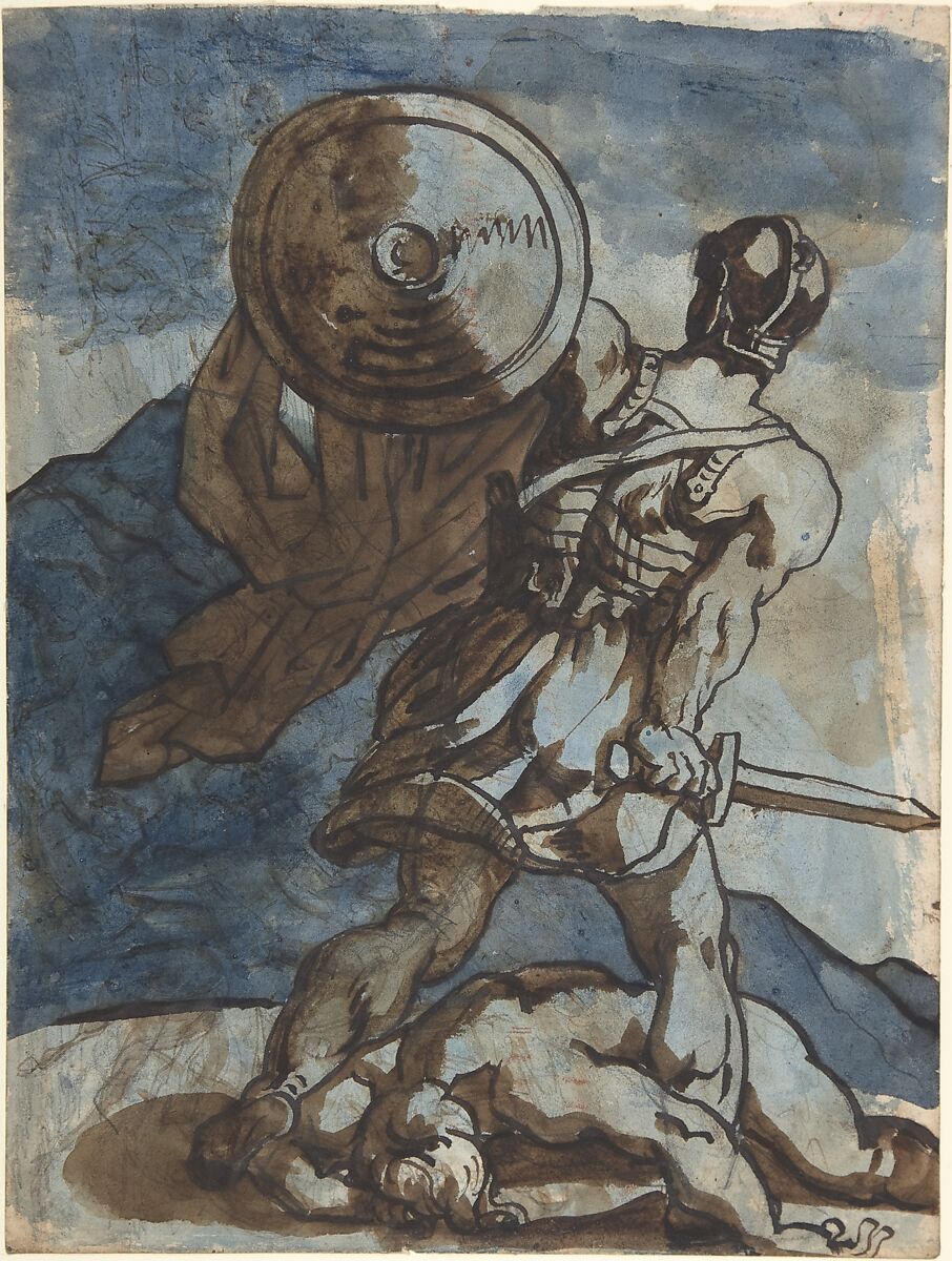 Venus and Cupid in a Landscape, after Annibale Carracci (recto); A Warrior Holding a Shield and Sword, Seen from the Back (verso), Théodore Gericault  French, (r.) Pen and brown ink, brush and brown wash, watercolor, and white gouache over graphite and traces of red chalk; (v.) Pen and brown ink and watercolor over graphite and traces of red chalk