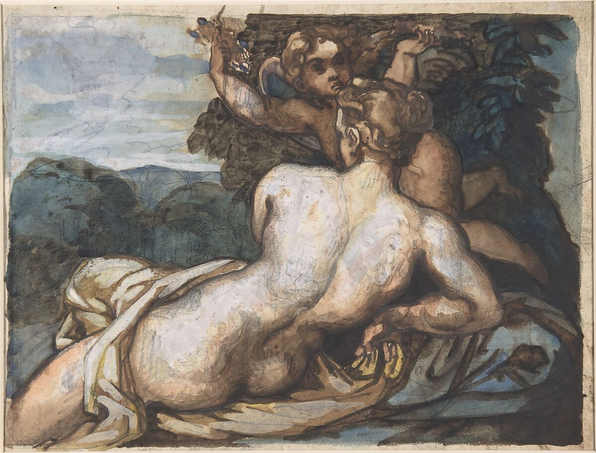 Venus and Cupid in a Landscape, after Annibale Carracci (recto); A Warrior Holding a Shield and Sword, Seen from the Back (verso), Théodore Géricault (French, Rouen 1791–1824 Paris), Pen and brown ink, brush and brown wash, watercolor, and white gouache over graphite and red chalk (recto); pen and brown ink, watercolor, over graphite and  red chalk (verso)