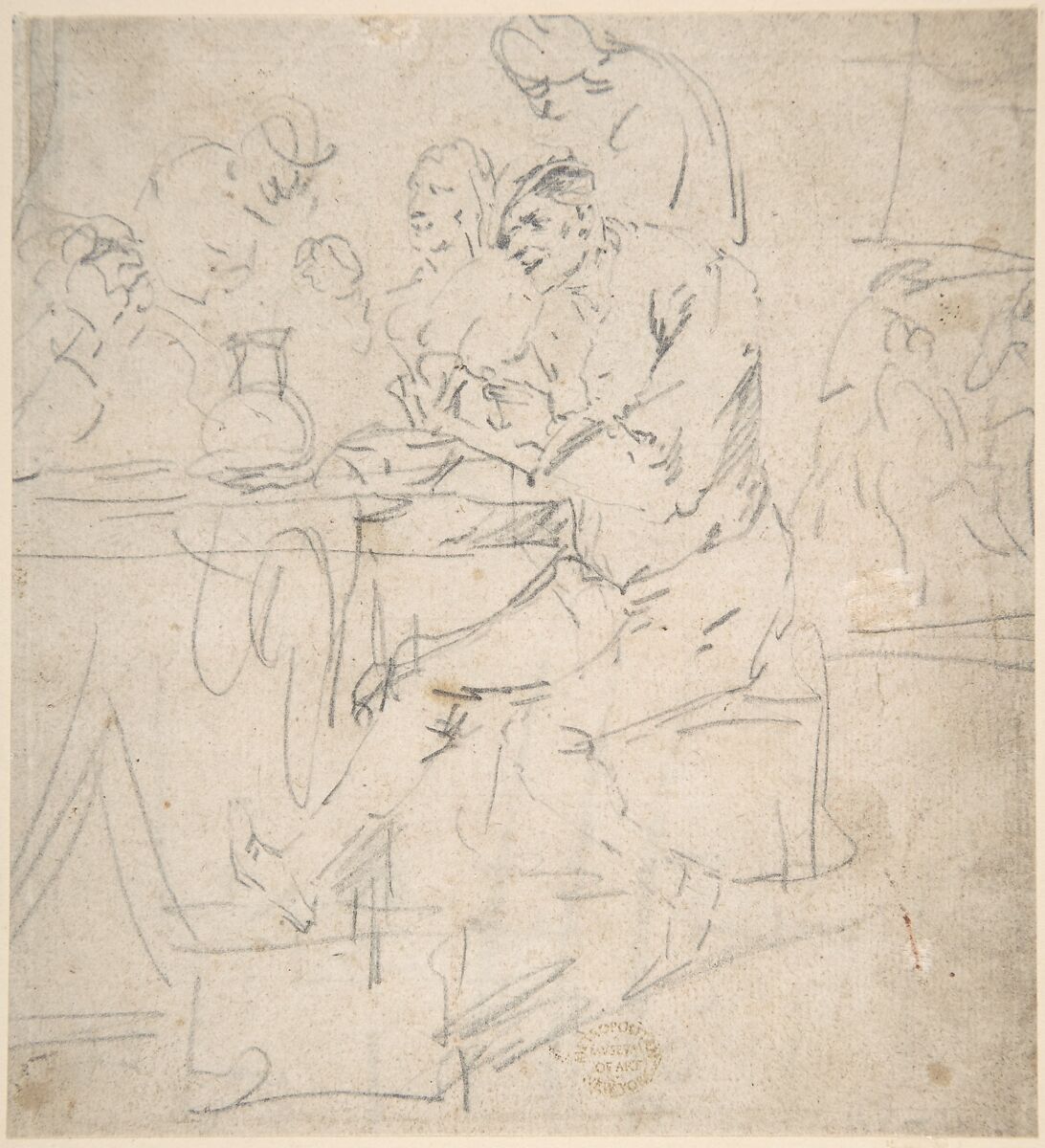 Peasants in a Tavern, Egbert Jasperszoon van Heemskerck I (Dutch, Haarlem 1634/35–1704 London (active England)), Graphite on buff paper. Laid down. 