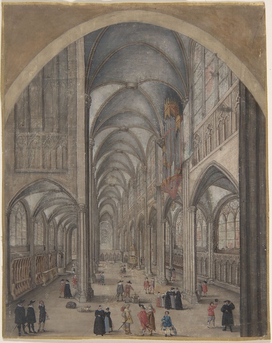 Interior of Strasbourg Cathedral, Attributed to Jacob van der Heyden (Flemish, Strasbourg 1573–1645 Brussels), Gouache and shell gold on vellum 