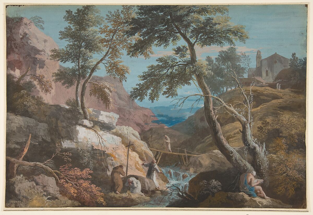 Mountainous Landscape with Hermits, Marco Ricci (Italian, Belluno 1676–1730 Venice (?)), Gouache on kidskin 