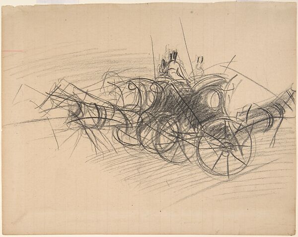 Hansom Cabs, New York, Giovanni Boldini (Italian, Ferrara 1842–1931 Paris), Black chalk on ruled paper 