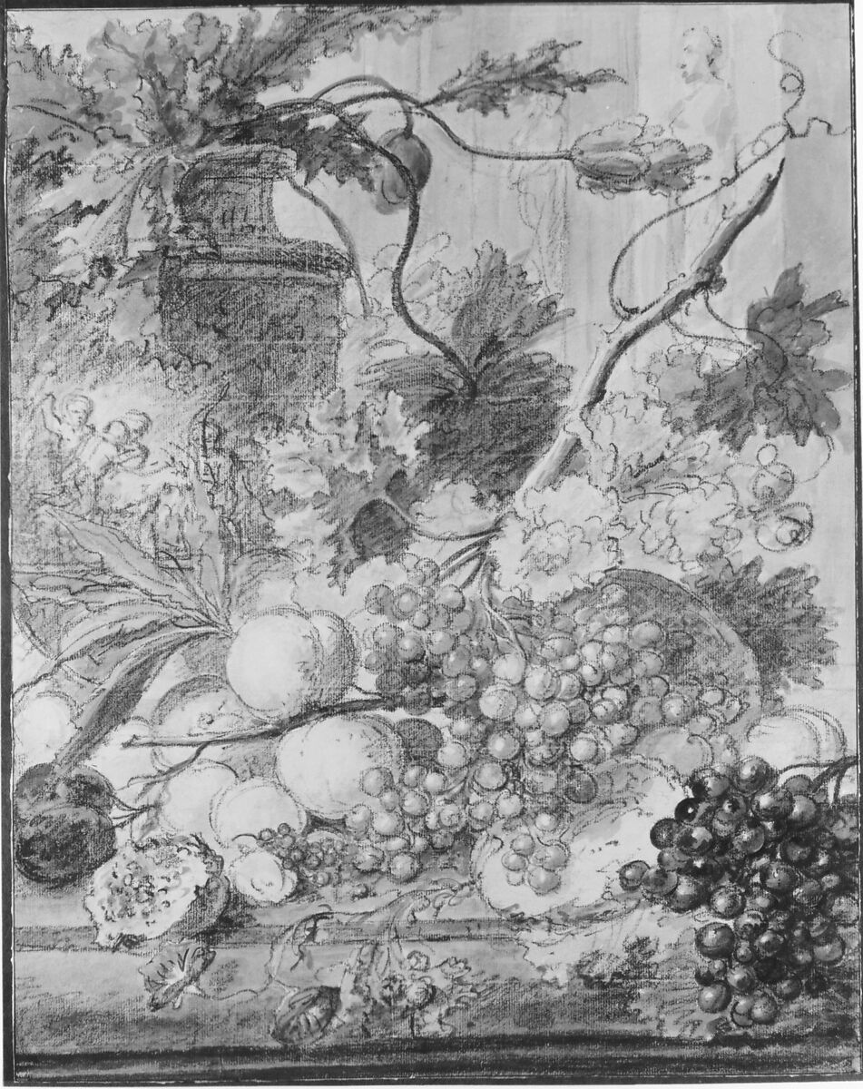 Still Life with Fruit, Jan van Huysum (Dutch, Amsterdam 1682–1749 Amsterdam), Black chalk and watercolor; framing lines in pen and black ink
