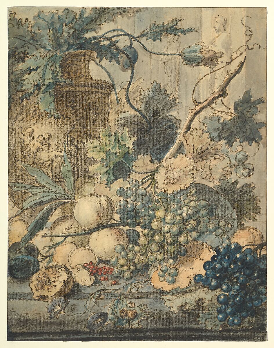 Still Life with Fruit, Jan van Huysum (Dutch, Amsterdam 1682–1749 Amsterdam), Black chalk and watercolor on cream white paper. Framing line in pen and black ink 