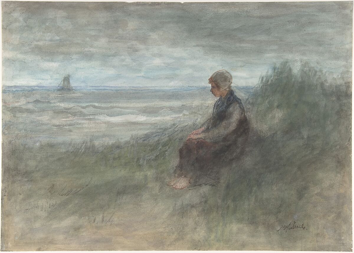 Girl in the Dunes, Jozef Israëls (Dutch, Groningen 1824–1911 Scheveningen), Watercolor and touches of black chalk on paper 