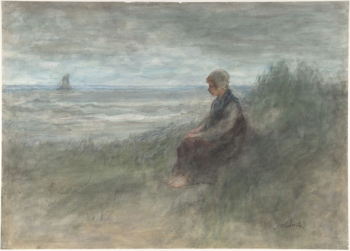 Girl in the Dunes, Jozef Israëls (Dutch, Groningen 1824–1911 Scheveningen), Watercolor and touches of black chalk 