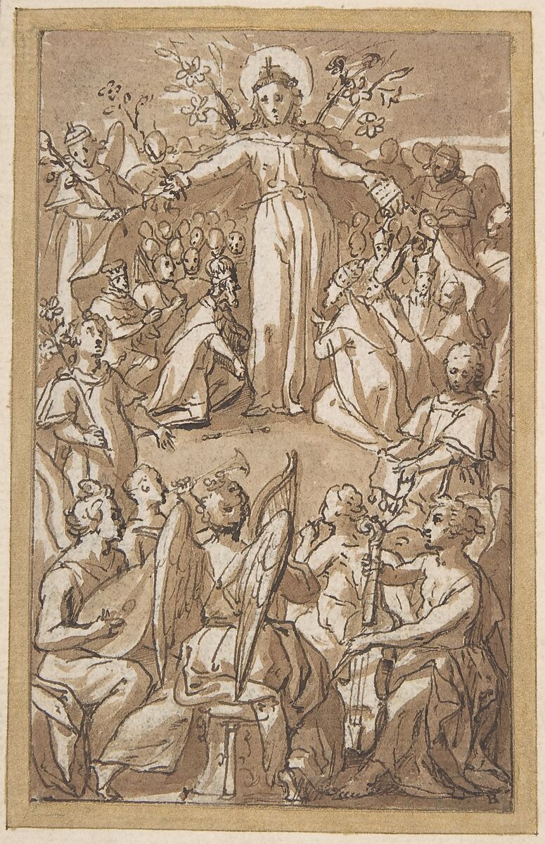 The Virgin Surrounded by Angels and Representatives of Secular and Ecclesiastical Authorities, Pieter de Jode I (Netherlandish, Antwerp 1570–Antwerp 1634), Pen and brown ink, brush and brown wash. Framing lines in pen and brown ink. Indented for transfer 
