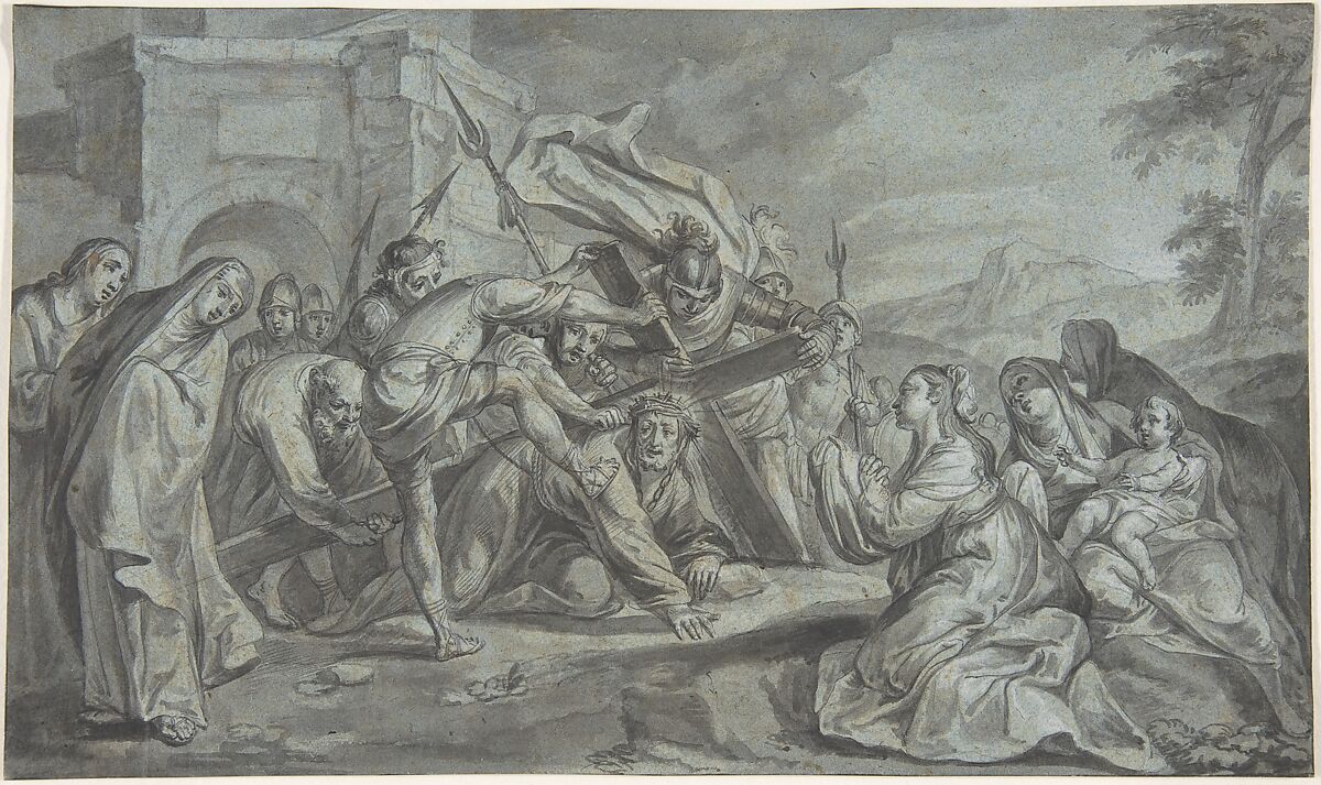 Christ Carrying the Cross, Johann Wolfgang Baumgartner (German, Kufstein 1712–1761 Augsburg), Brush and gray ink, pen and black ink, over graphite on blue paper 