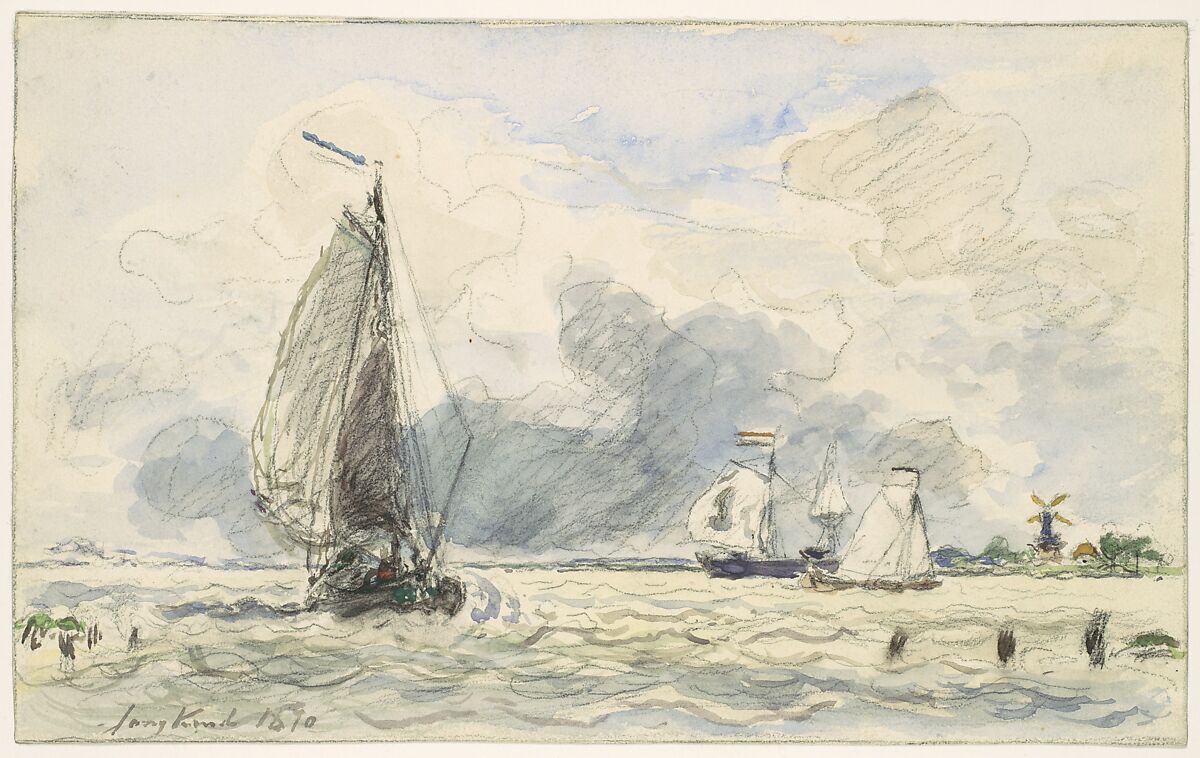 Dutch Fishing Boats; verso: Sketches of Boats, Johan Barthold Jongkind (Dutch, Latrop 1819–1891 La Côte-Saint-André), Watercolor over black chalk (recto); black chalk (verso)