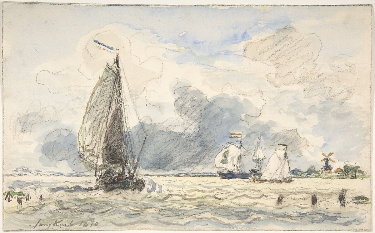Dutch Fishing Boats; verso: Sketches of Boats, Johan Barthold Jongkind (Dutch, Latrop 1819–1891 La-Côte-Saint-André), Watercolor over black chalk (recto); black chalk (verso) 