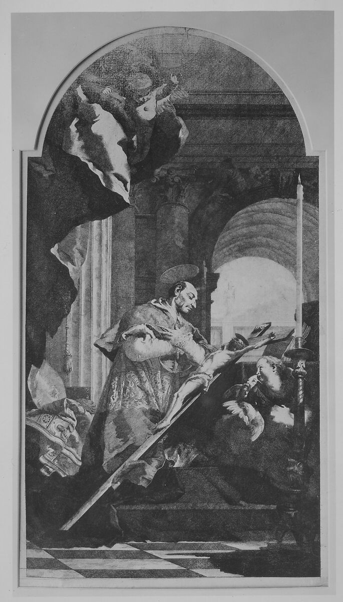 Saint Charles Borromeo Venerating the Crucifix, Lorenzo Tiepolo (Italian, Venice 1736–1776 Madrid), Etching 