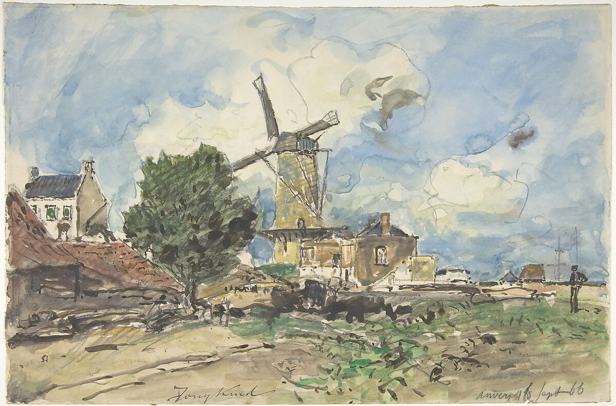 Wind Mill at Antwerp, Johan Barthold Jongkind (Dutch, Latrop 1819–1891 La-Côte-Saint-André), Watercolor over black chalk 