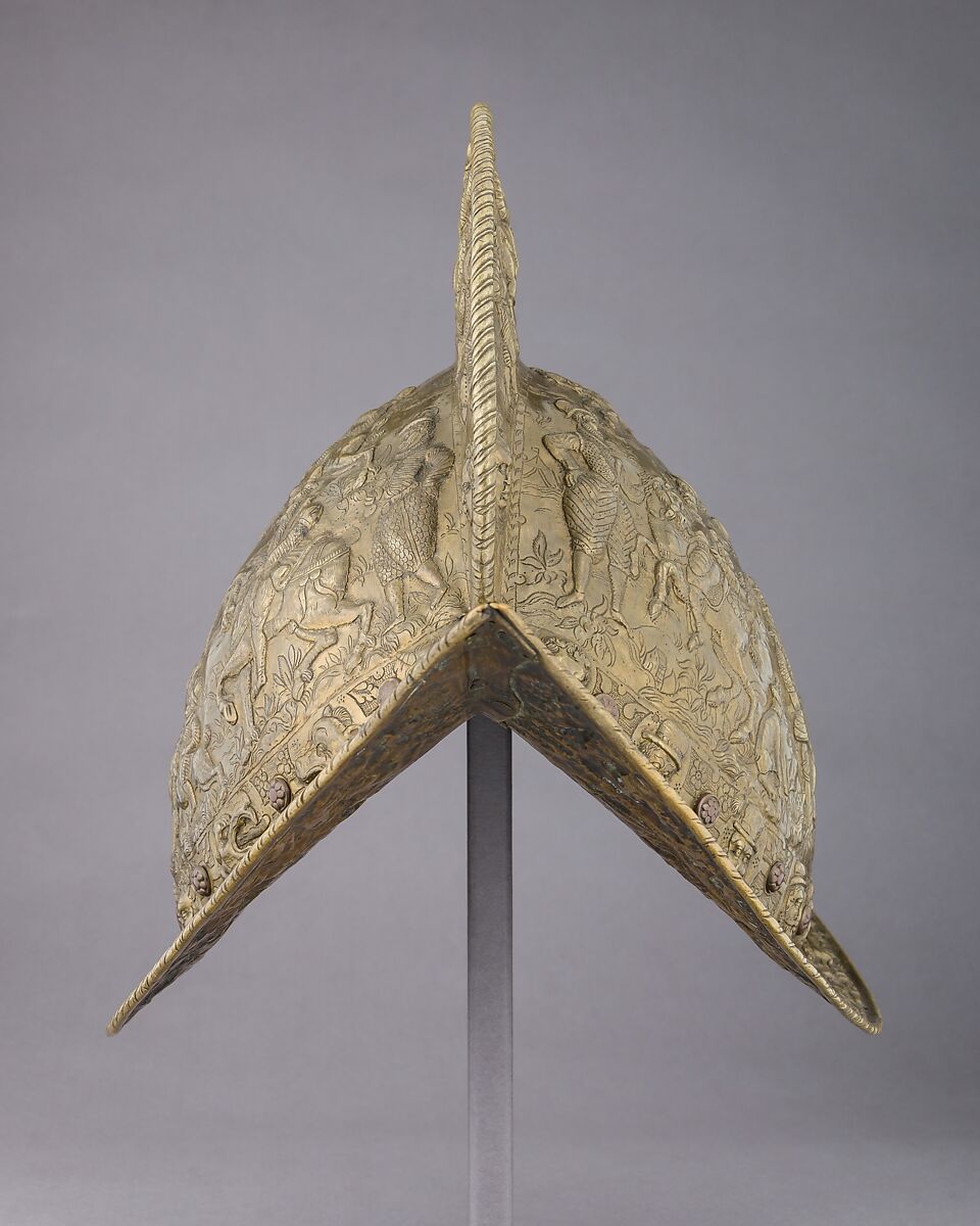 Morion, Copper alloy, leather, probably German, Brunswick