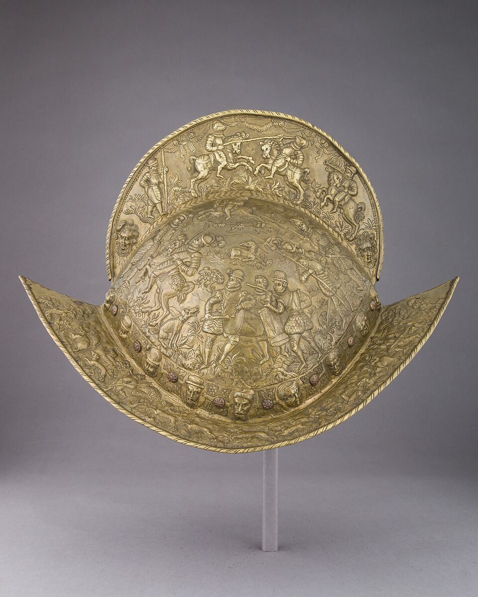 Morion, Copper alloy, leather, probably German, Brunswick