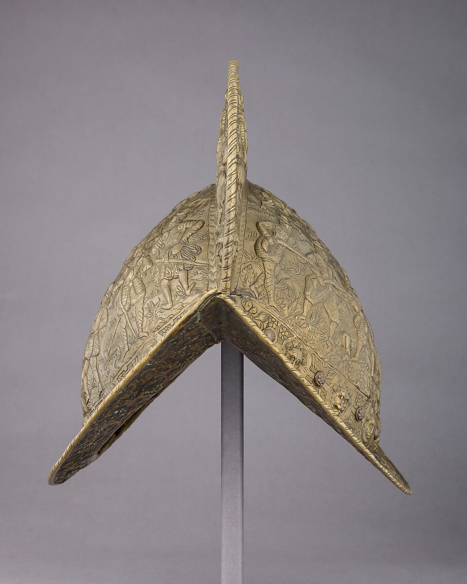 Morion, Copper alloy, leather, probably German, Brunswick
