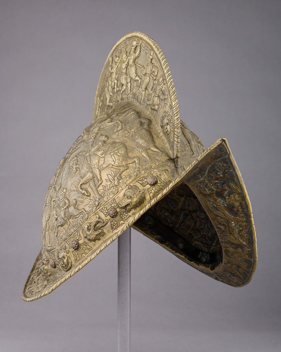 Morion, Copper alloy, leather, probably German, Brunswick