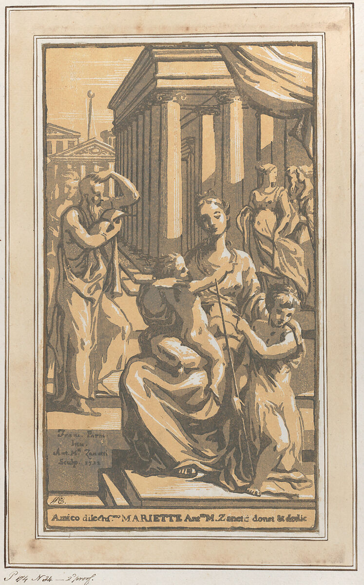 The Virgin and Child with Saint John the Baptist, Anton Maria Zanetti the Elder (Italian, Venice 1680–1767 Venice), Chiaroscuro woodcut, with dark brown line block and medium brown and mustard yellow tone blocks 