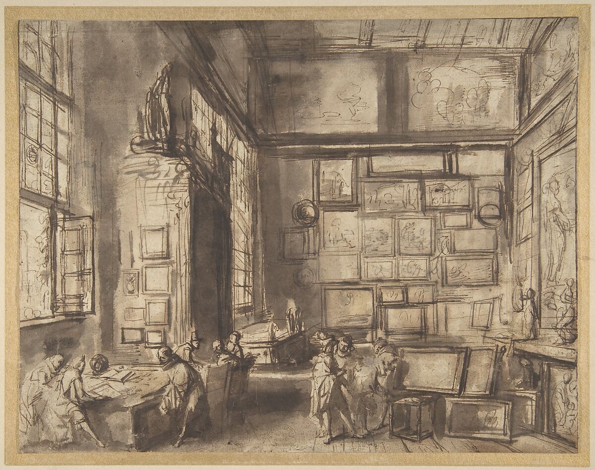 Interior of a Picture Gallery, Attributed to Hans Jordaens III (Flemish, Antwerp ca. 1595–1643 Antwerp), Pen and brown ink, brush and brown wash 