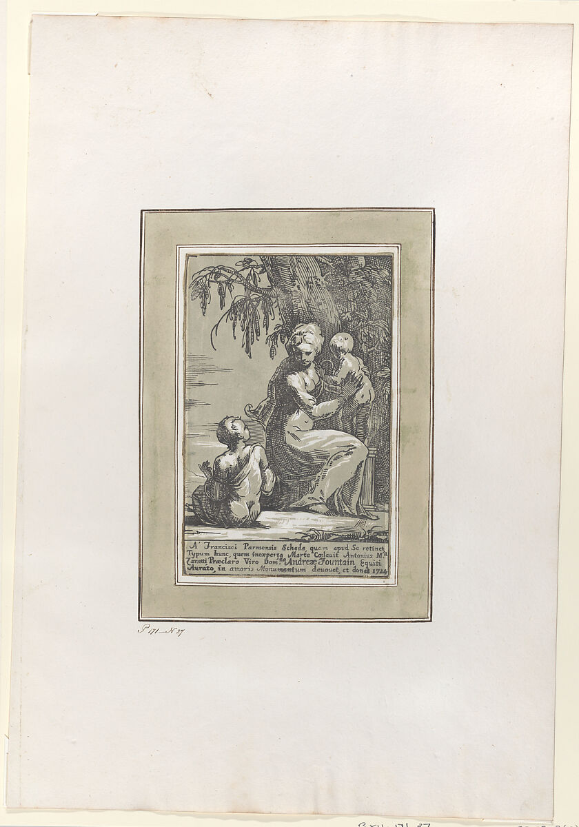 A Woman Standing at the Foot of a Tree Holding an Infant, with a Seated Boy, Anton Maria Zanetti the Elder (Italian, Venice 1680–1767 Venice), Chiaroscuro woodcut, with black line block and olive green tone block 