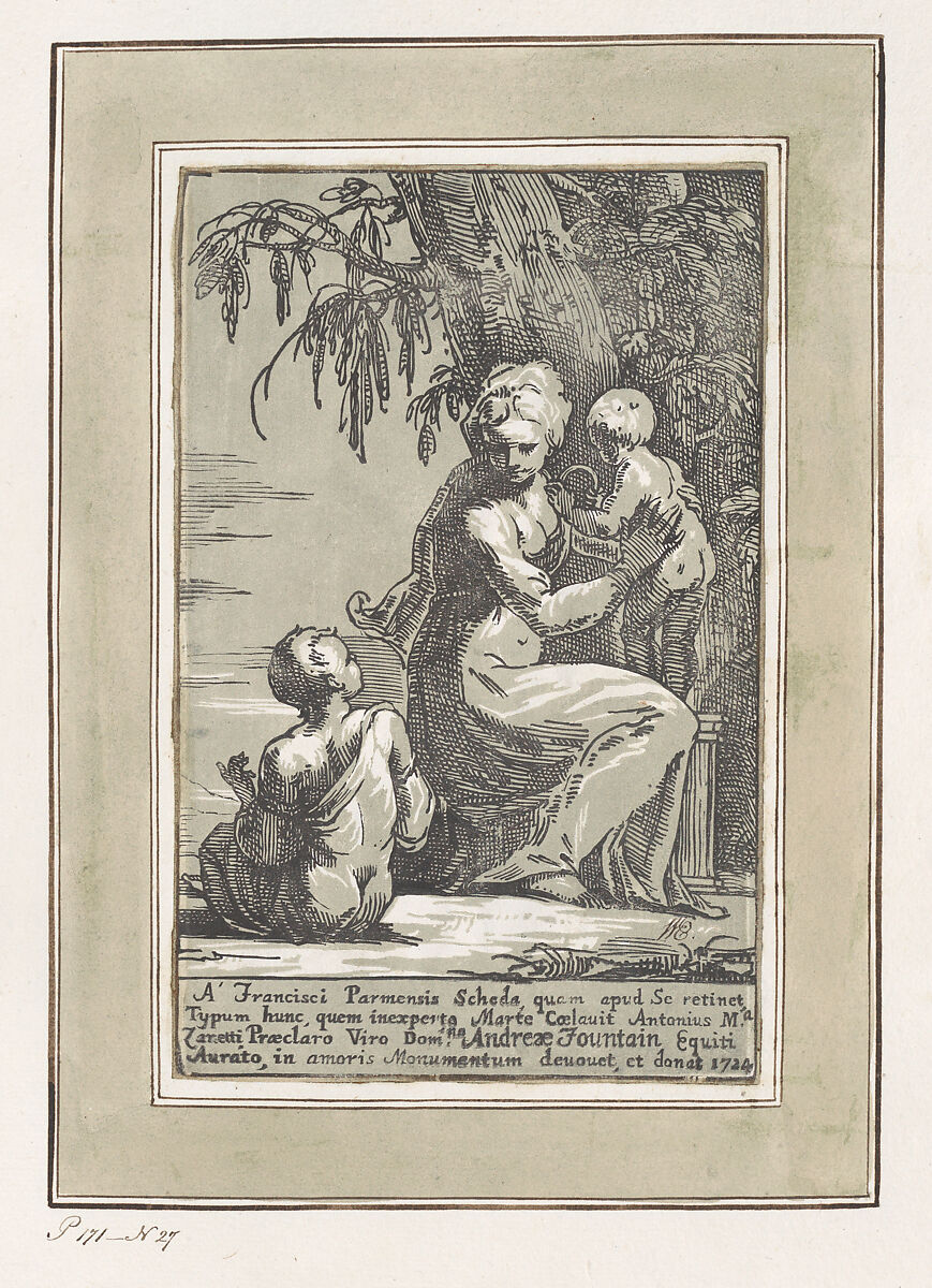 A Woman Standing at the Foot of a Tree Holding an Infant, with a Seated Boy, Anton Maria Zanetti the Elder (Italian, Venice 1680–1767 Venice), Chiaroscuro woodcut, with black line block and olive green tone block