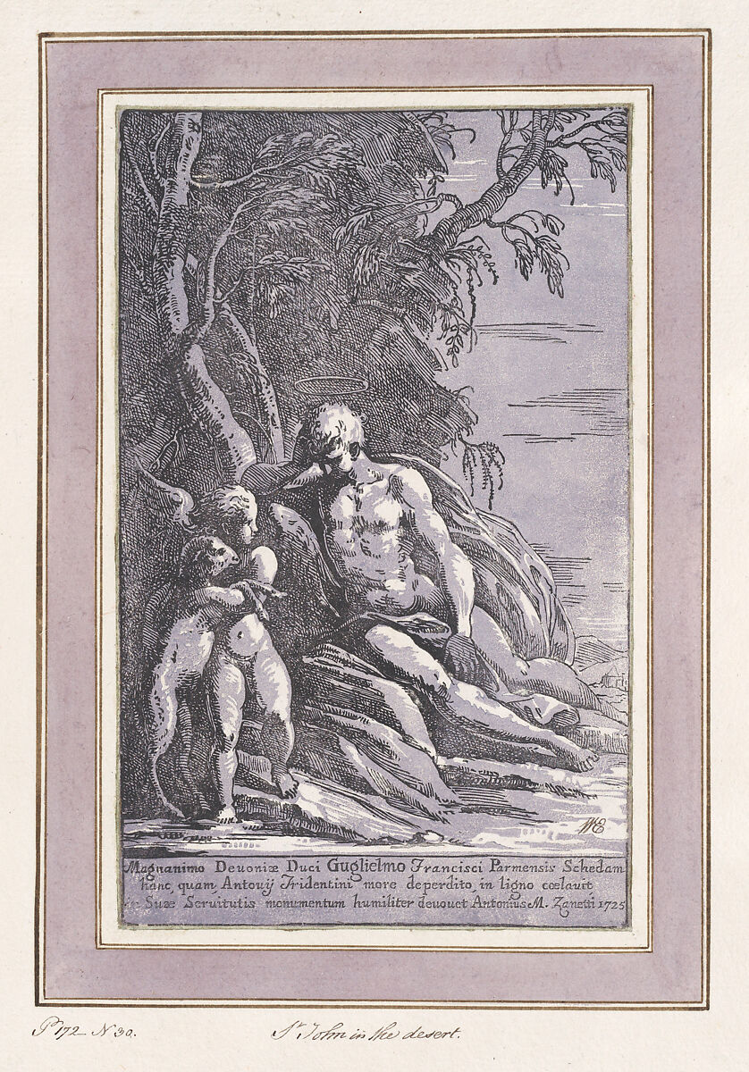 Saint John in the Desert, Anton Maria Zanetti the Elder (Italian, Venice 1680–1767 Venice), Chiaroscuro woodcut from two block in lavendar and black, with border in gold ink and watercolor border 