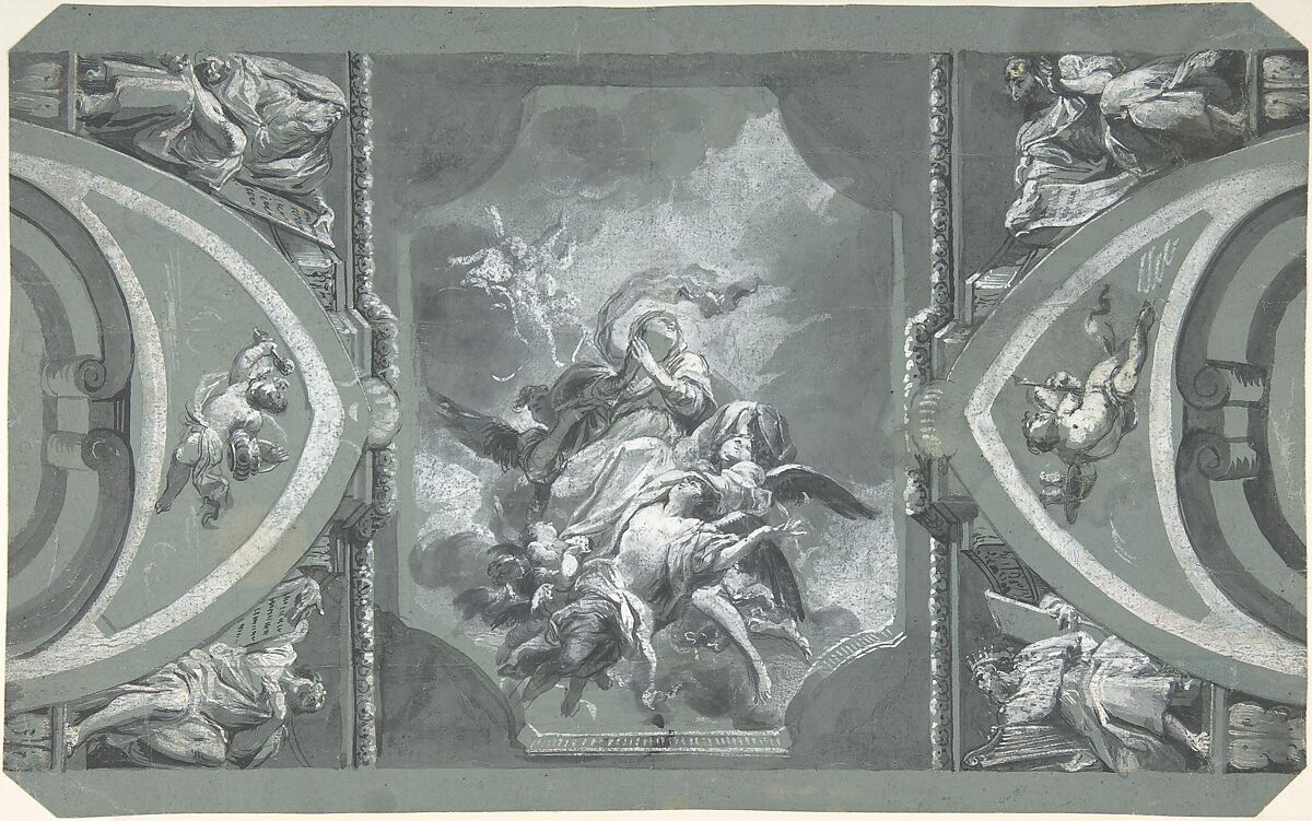 Study for the Decoration of a Vault, Carlo Alberto Baratta (Italian, Genoa 1754–1815 Genoa), Brush with gray wash and gouache, highlighted with white and traces of light yellow, partly over traces of black chalk, on blue-green prepared paper, now faded 