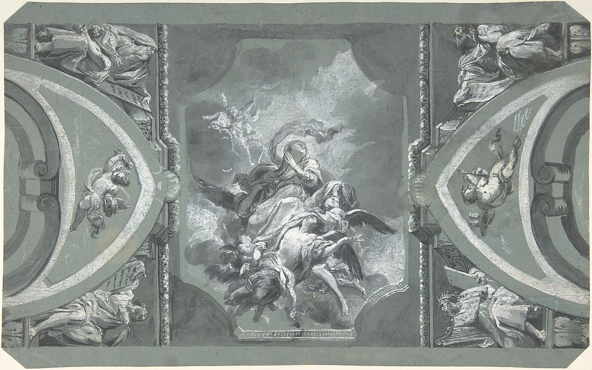 Study for the Decoration of a Vault, Carlo Alberto Baratta  Italian, Brush with gray wash and gouache, highlighted with white and traces of light yellow, partly over traces of black chalk, on blue-green prepared paper, now faded