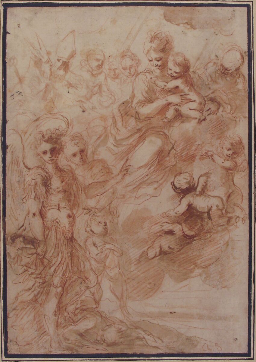 Saint Michael the Archangel and Another Figure Recommending a Soul to the Virgin and Child in Heaven, Bartolomeo Biscaino (Italian, Genoa 1629–1657 Genoa), Red chalk, brush and brown wash