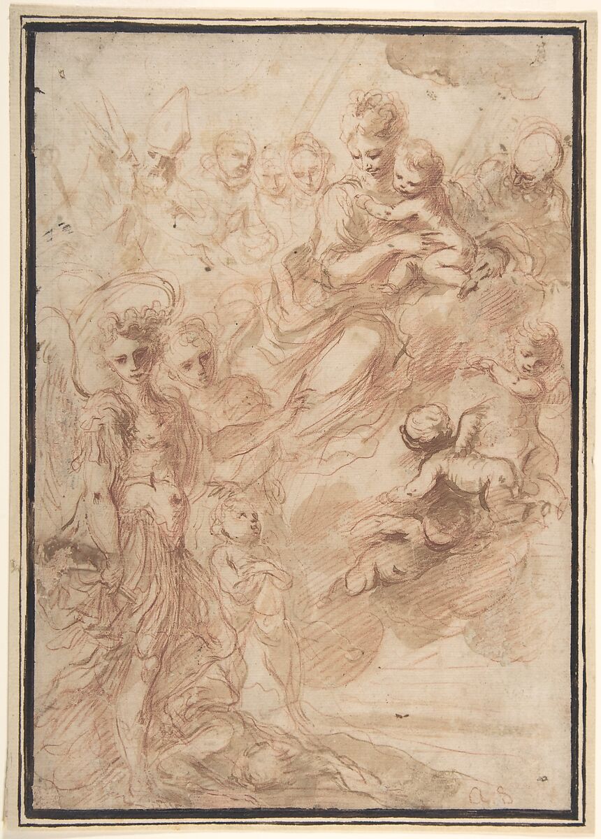 Saint Michael the Archangel and Another Figure Recommending a Soul to the Virgin and Child in Heaven, Bartolomeo Biscaino  Italian, Red chalk, brush and brown wash