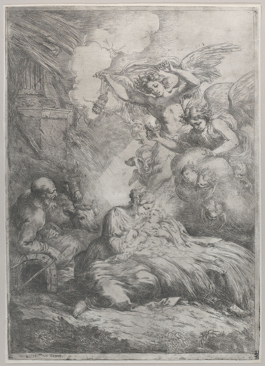 The Nativity with Angels, Bartolomeo Biscaino (Italian, Genoa 1629–1657 Genoa), Etching; first state of eight (TIB) 