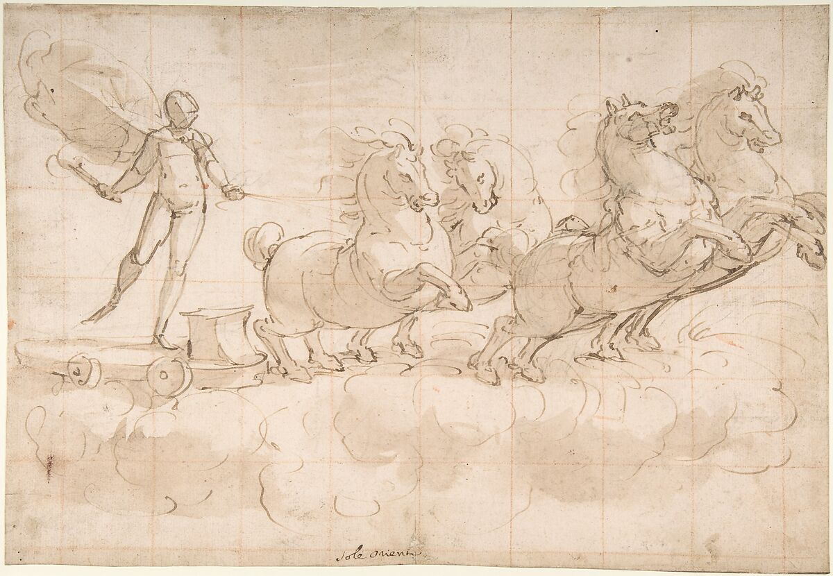 Apollo Driving the Chariot of the Rising Sun, Luca Cambiaso (Italian, Moneglia 1527–1585 Madrid), Pen and brown ink, brush and brown wash, over black chalk; squared in red chalk 