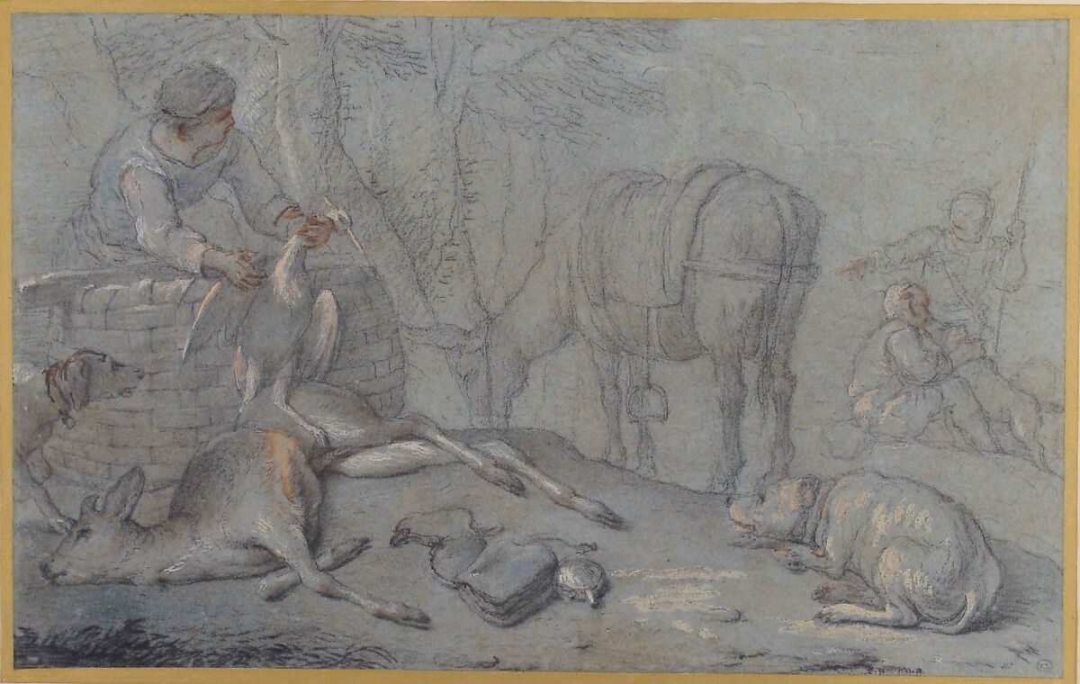 Hunters with Dead Game in a Landscape, Giovanni Agostino Cassana (Italian, Venice ca. 1665–1720 Genoa), Black chalk, reinforced with colored chalks, brush, gouache, and brown ink, on blue paper