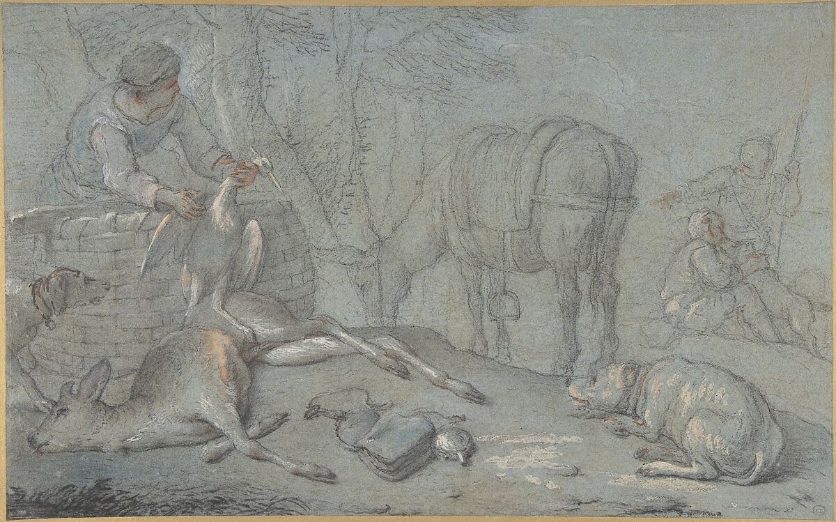 Hunters with Dead Game in a Landscape, Giovanni Agostino Cassana (Italian, Venice ca. 1665–1720 Genoa), Black chalk, reinforced with colored chalks, brush, gouache, and brown ink, on blue paper 