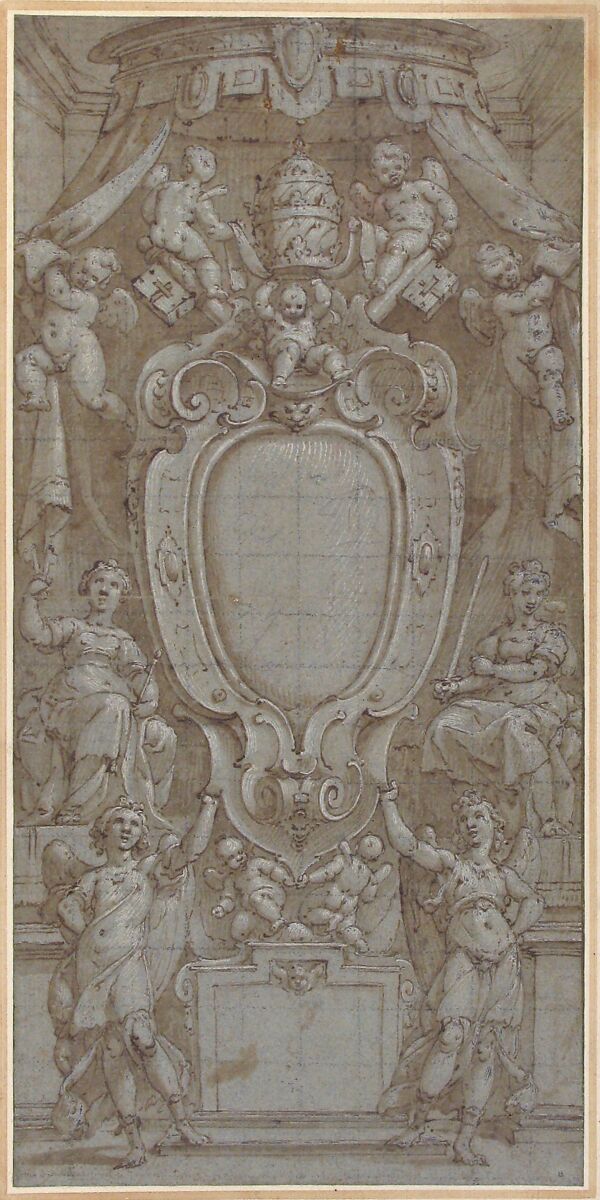 Modello for Ceiling Fresco with Papal Coat of Arms, Bernardo Castello (Italian, Genoa (?) 1557–1629 Genoa), Pen and brown ink, brush and brown wash, highlighted with white, over traces of black chalk, on blue paper; squared in black chalk