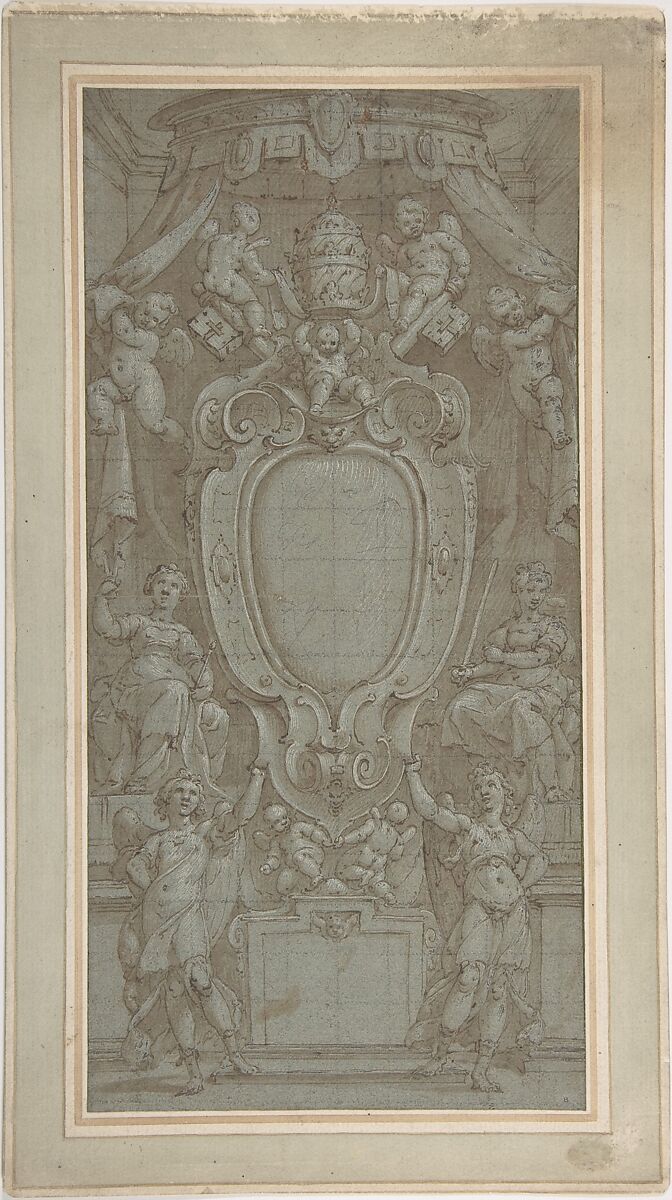 Modello for Ceiling Fresco with Papal Coat of Arms, Bernardo Castello  Italian, Pen and brown ink, brush and brown wash, highlighted with white, over traces of black chalk, on blue paper; squared in black chalk