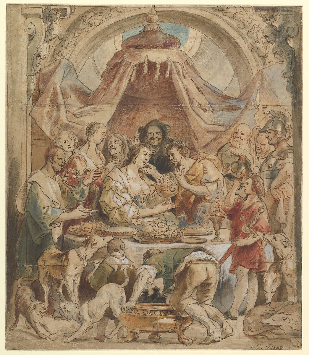 The Banquet of Anthony and Cleopatra, Jacob Jordaens (Flemish, Antwerp 1593–1678 Antwerp), Pen and brown ink, watercolor, heightened with white gouache, over black chalk 