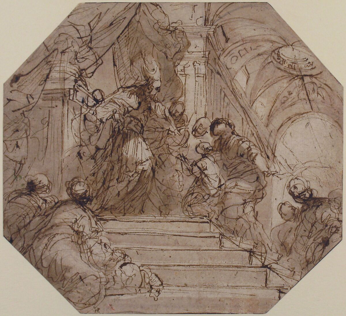 Presentation of the Virgin in the Temple, Valerio Castello (Italian, Genoa 1624–1659 Genoa), Pen and brown ink, brush and brown wash, over black chalk
