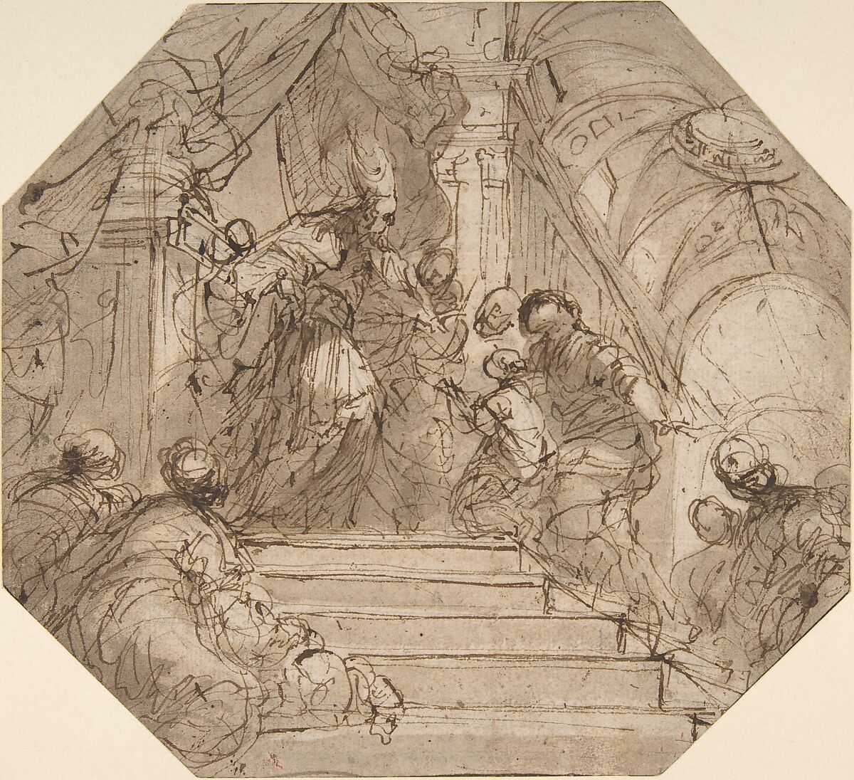 Presentation of the Virgin in the Temple, Valerio Castello (Italian, Genoa 1624–1659 Genoa), Pen and brown ink, brush and brown wash, over black chalk 