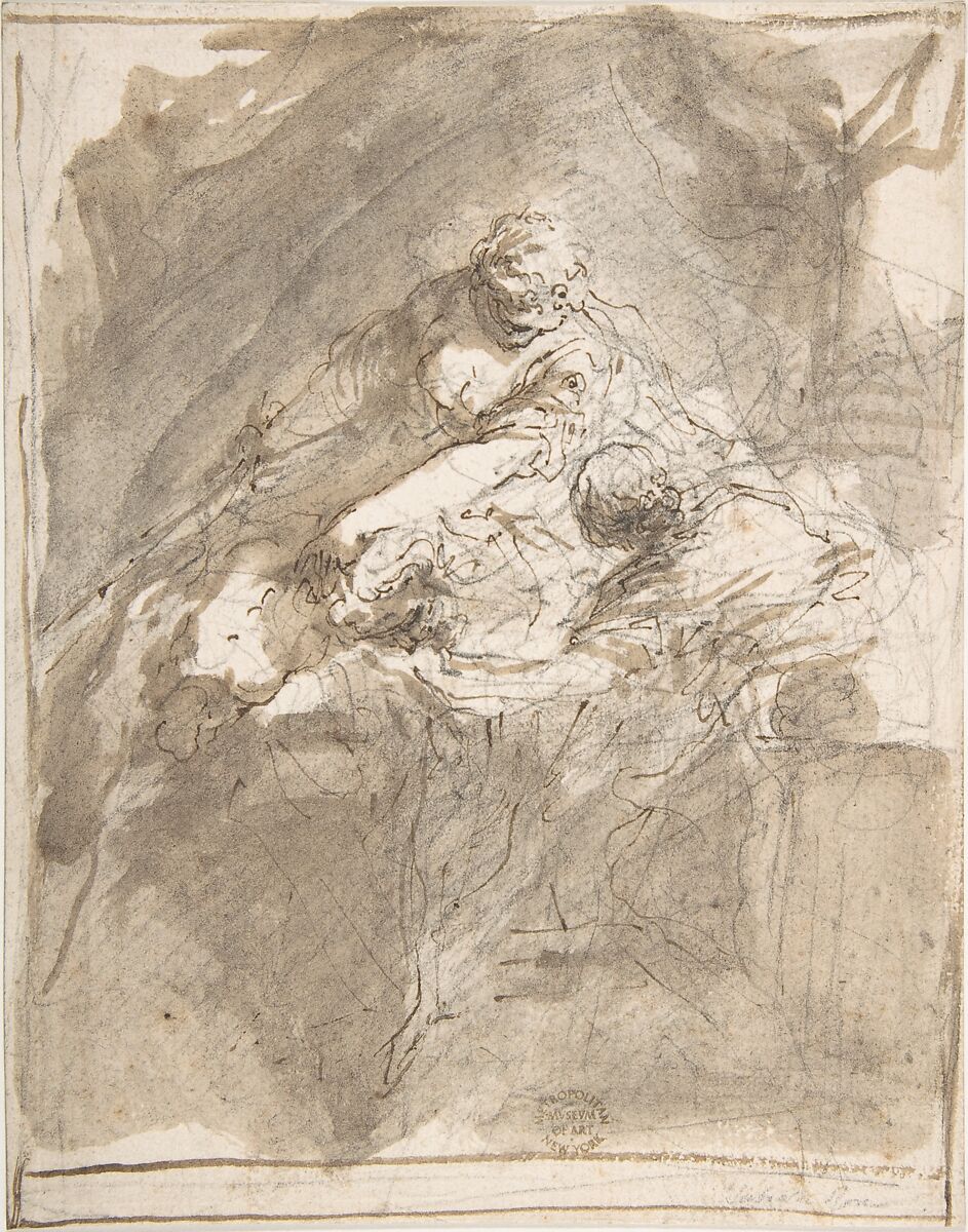 Judith Decapitating Holofernes, Valerio Castello  Italian, Pen and brown ink, brush and brown wash, over black chalk