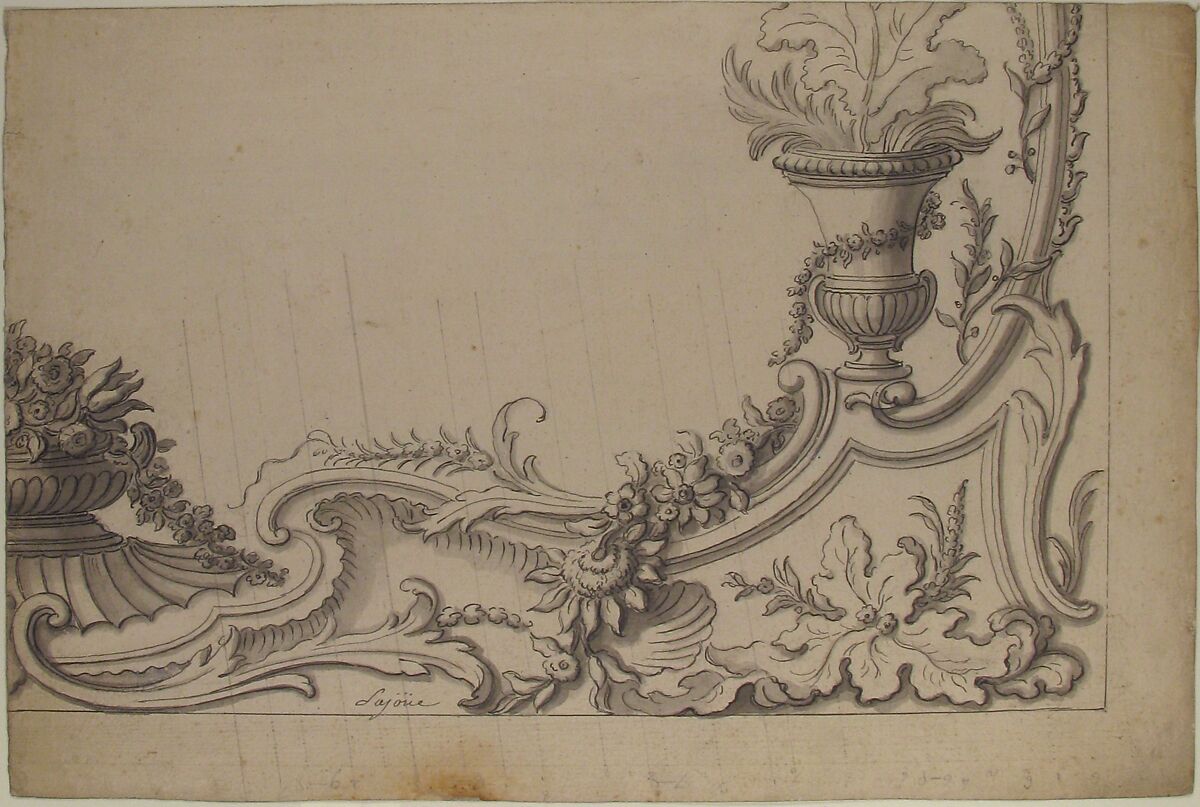 Design for the Corner of a Decoration (recto); Sketch of Monumental Building with Four Temple-Front Entrances (verso), Jacques de Lajoüe (French, Paris 1686–1761 Paris), Pen and dark gray ink, brush and gray wash, with parallel diagonal lines and scale in black chalk, and with incised lines square off in lower part of sheet (recto); pen and gray ink over black chalk (verso). Framing lines on bottom and right side (recto)