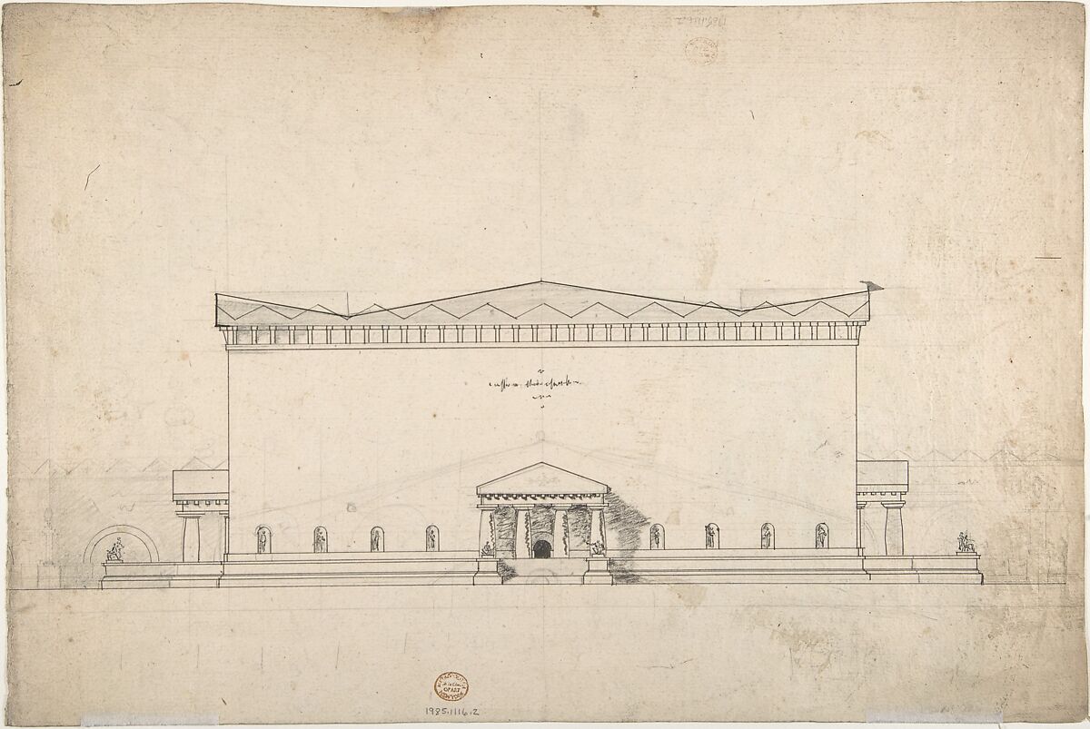 Design for the Corner of a Decoration (recto); Sketch of Monumental Building with Four Temple-Front Entrances (verso), Jacques de Lajoüe (French, Paris 1686–1761 Paris), Pen and dark gray ink, brush and gray wash, with parallel diagonal lines and scale in black chalk, and with incised lines square off in lower part of sheet (recto); pen and gray ink over black chalk (verso). Framing lines on bottom and right side (recto)
