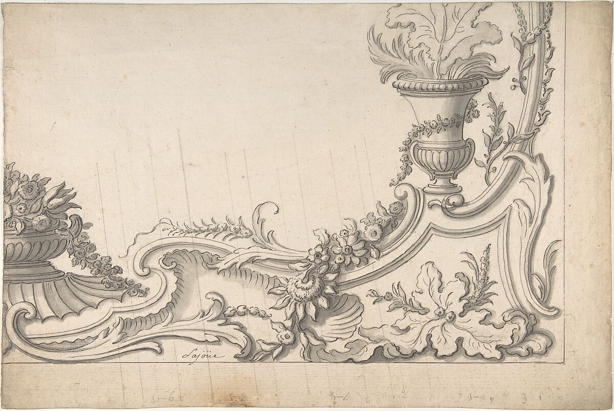 Design for the Corner of a Decoration (recto); Sketch of Monumental Building with Four Temple-Front Entrances (verso), Jacques de Lajoüe (French, Paris 1686–1761 Paris), Pen and dark gray ink, brush and gray wash, with parallel diagonal lines and scale in black chalk, and with incised lines square off in lower part of sheet (recto); pen and gray ink over black chalk (verso). Framing lines on bottom and right side (recto) 