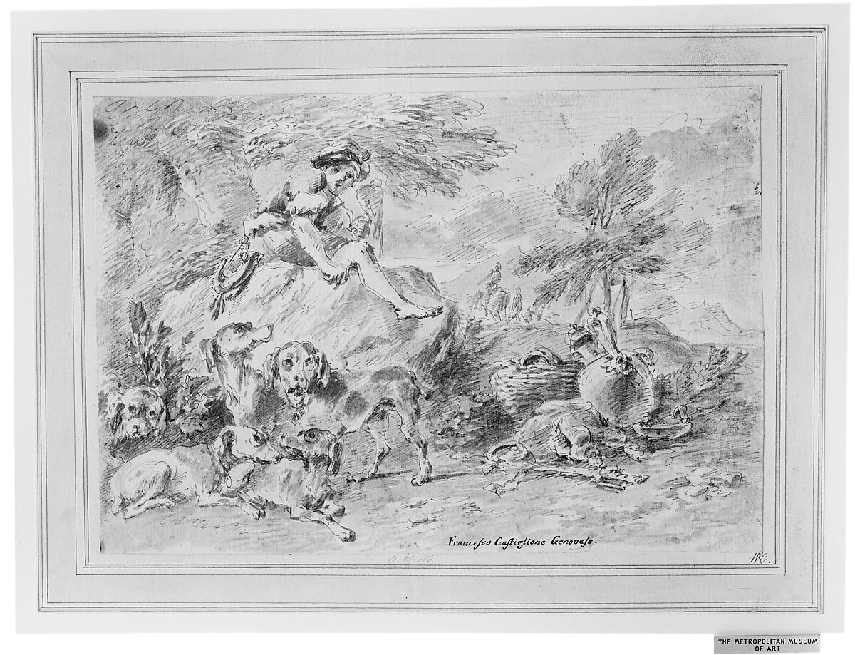 Young Hunter with His Dogs in a Landscape, Giovanni Francesco Castiglione (Italian, Genoa 1641–1710 Genoa), Pen and brown ink, brush and watercolor