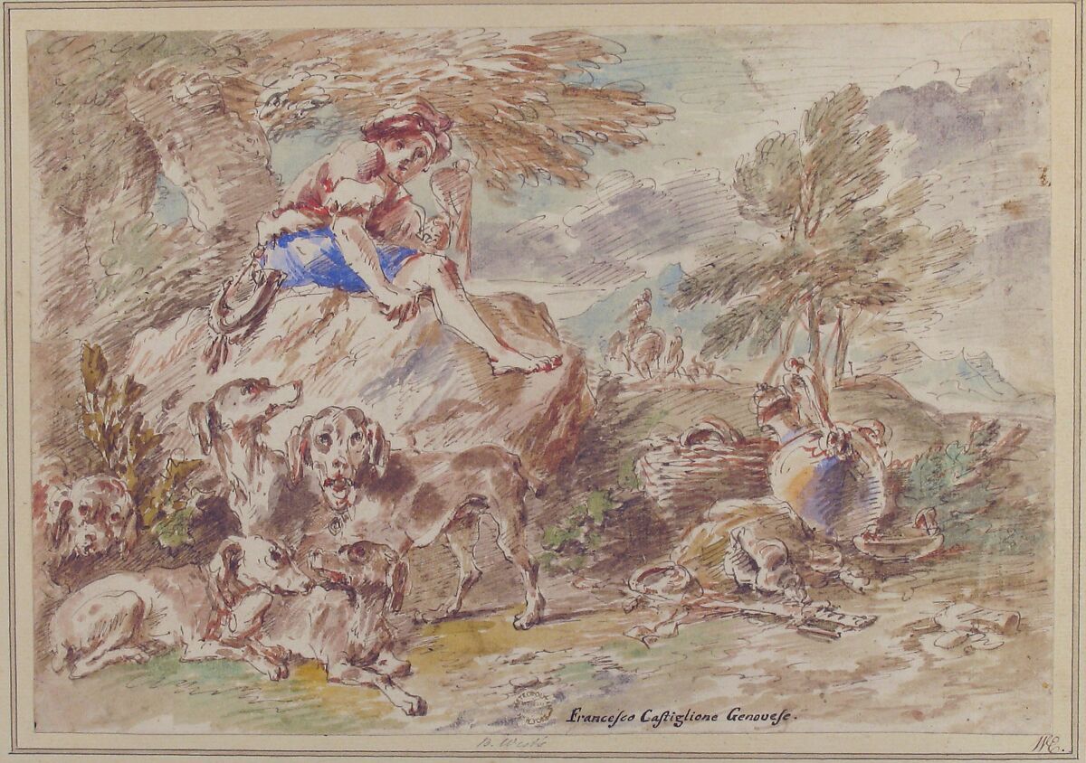 Young Hunter with His Dogs in a Landscape, Giovanni Francesco Castiglione (Italian, Genoa 1641–1710 Genoa), Pen and brown ink, brush and watercolor