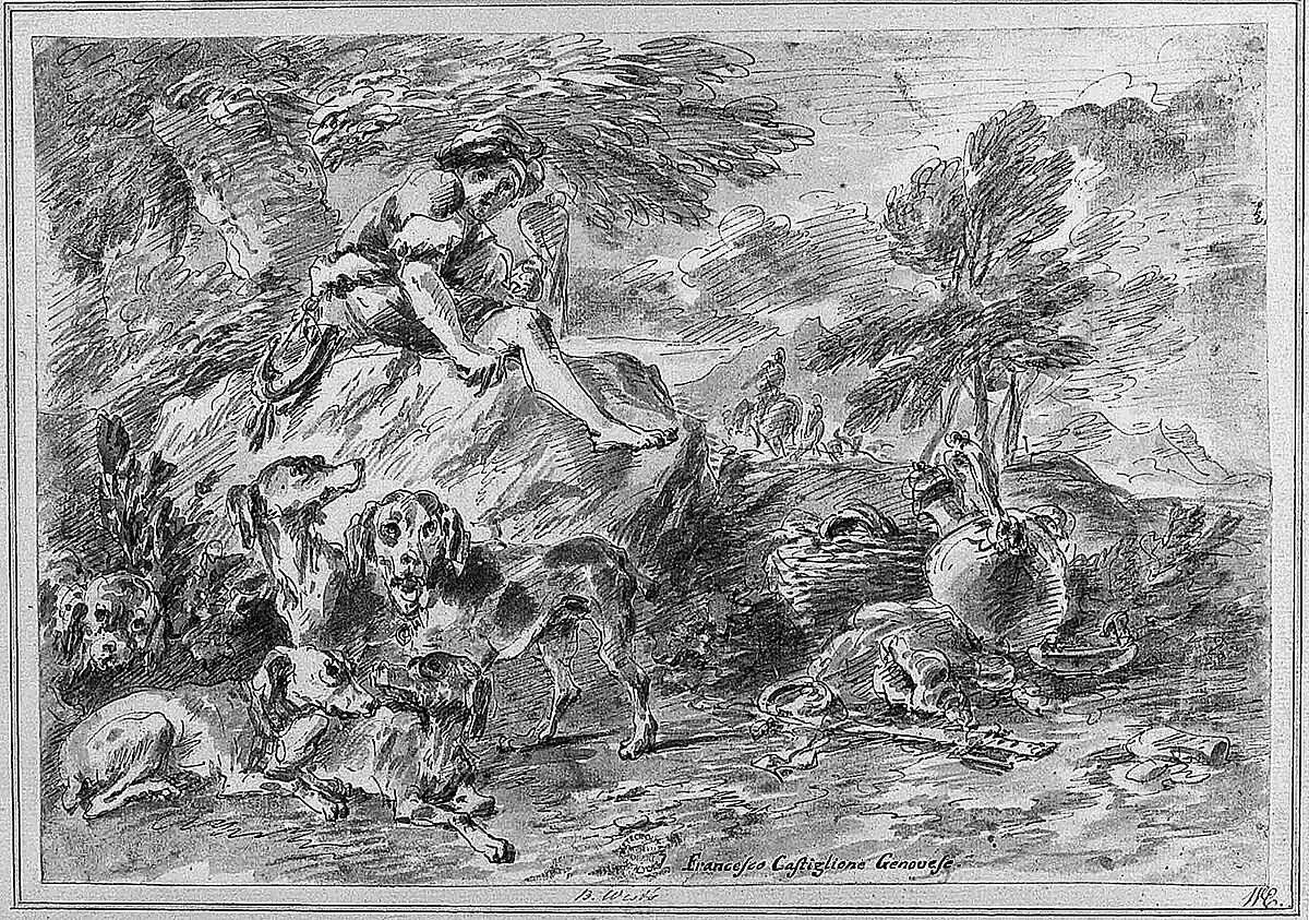 Young Hunter with His Dogs in a Landscape, Giovanni Francesco Castiglione (Italian, Genoa 1641–1710 Genoa), Pen and brown ink, brush and watercolor