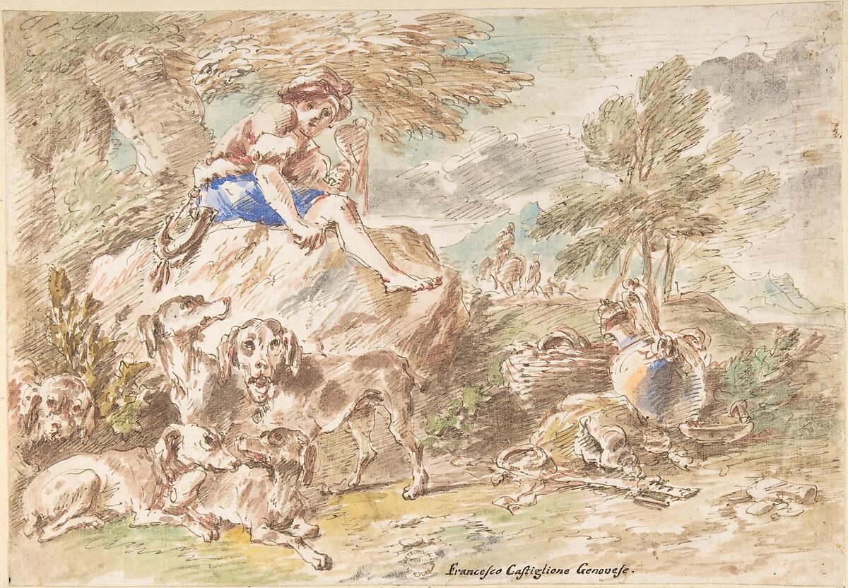 Young Hunter with His Dogs in a Landscape, Giovanni Francesco Castiglione (Italian, Genoa 1641–1710 Genoa), Pen and brown ink, brush and watercolor 