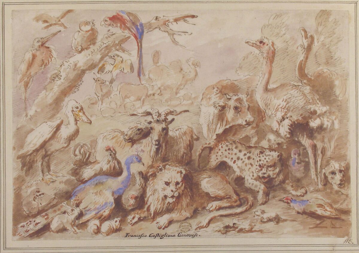 A Congress of Animals, Giovanni Francesco Castiglione (Italian, Genoa 1641–1710 Genoa), Pen and brown ink, brush and watercolor, over traces of black chalk