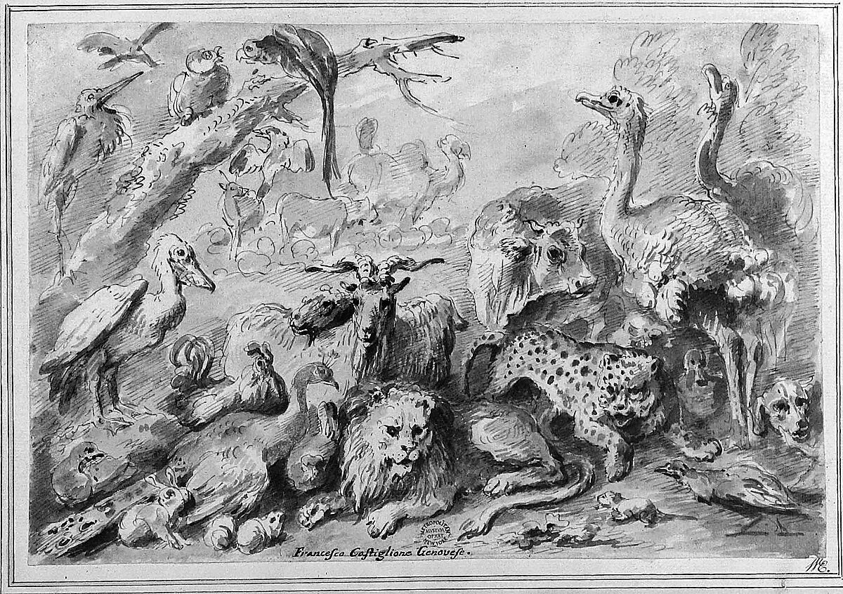 A Congress of Animals, Giovanni Francesco Castiglione (Italian, Genoa 1641–1710 Genoa), Pen and brown ink, brush and watercolor, over traces of black chalk